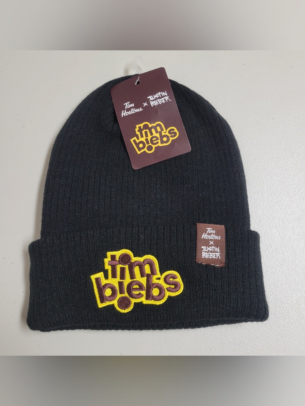 NWT Justin Bieber X Tim Hortons Black 'Tim Biebs' Beanie Hat Cap.